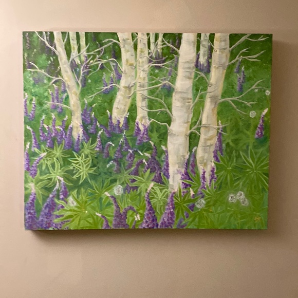 Gallery Canvas Wrapped Box Frame Original Oil Painting Lupins & Aspen Trees - Picture 1 of 7